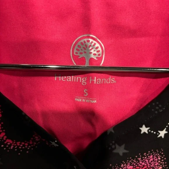 Women’s Healings Hands Black and Pink Heart Patterned Scrub Top - Picture 2 of 4